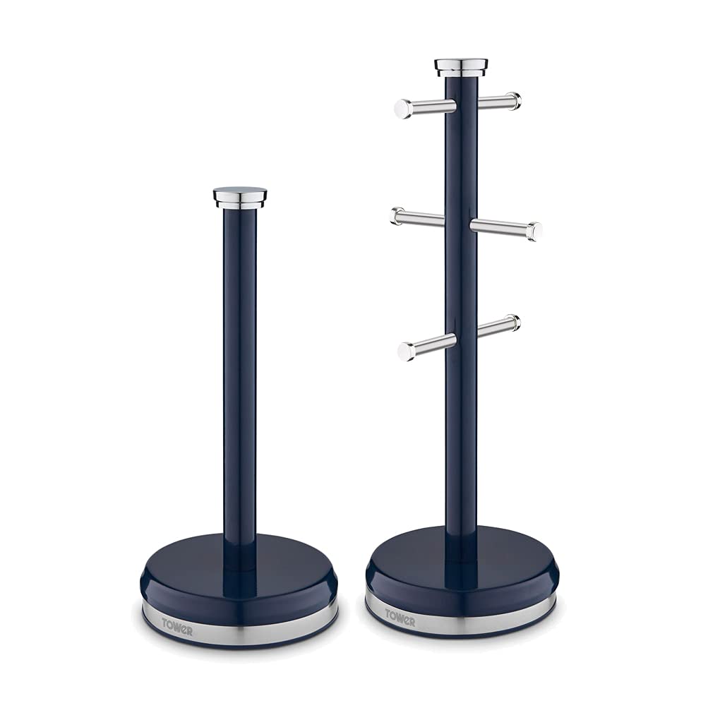 T826172MNB Belle Mug Tree and Towel Pole Set, Stainless Steel, Midnight Blue