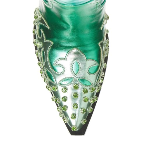 FSJ Women Cowboy Boots Almond Toe Low Heel Pull On Westerm Fashion Colorful Metallic Cowgirl Knee High Boots Stretch Ladies Shoes Size 4-16 US4