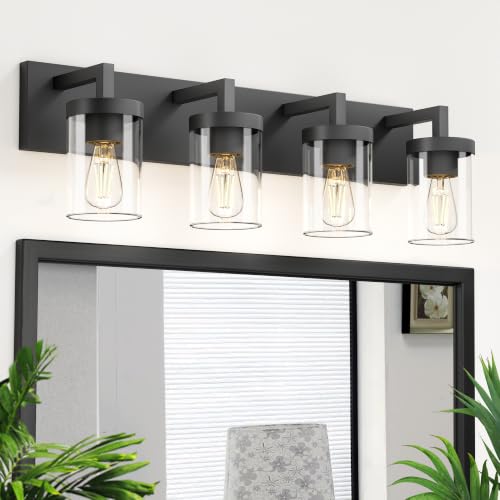 Image of Bathroom Vanity Light, 4 Light Matte Black Vanity Light with Clear Glass Shade, 30in Farmhouse Vanity Light, Bathroom Lighting Fixtures Over Mirror for Bathroom