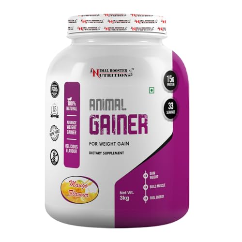 Image of Animal Booster Nutrition WEIGHT GAINER | 15gms of Protein in 90gm of Serving| For Gain Weight, Build Muscle & Fuel Energy - Mango Flavor (33 Servings /3KG)