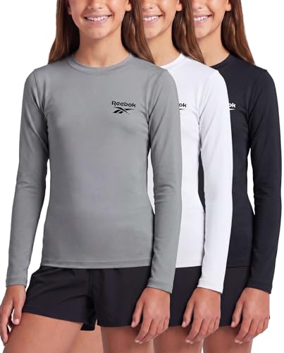 Image of Reebok 3 Pack: Girls' Long Sleeve Rashguard Swim Shirt, UPF Sun Protection Rasghguard Swimsuit for Kids Teens Tweens