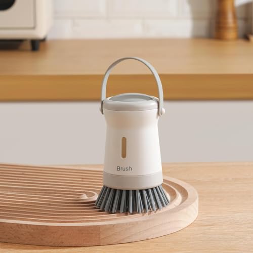 Image of Dishwashing Brush with Soap Dispenser：Dish Brush,for Kitchen Cutlery,Pots and Pans Sink Cleaning,Dishwashing Brush Set with Base (White)