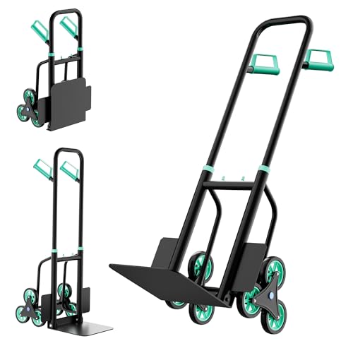 3 in 1 Convertible Aluminum Hand Truck Dolly Cart, 440Lbs Capacity, Stair Climbing Utility Trolley Platform Cart for Transport and Moving in Home, Office, Warehouse, Supermarket, Green+Black