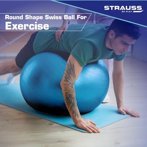 STRAUSS Anti-Burst Rubber Gym Ball with Free Foot Pump | Round Shape Swiss Ball for Exercise, Workout, Yoga, Pregnancy, Birthing, Balance & Stability, 75 cm, (Blue) (Image - 6)