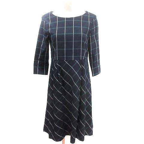 エニィスィス エニシス anySiS ワンピース ひざ丈 チェック 七分袖 2 紺 ネイビー AU レディース