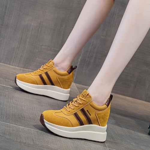 Image of Platform Sneakers for Women High Hidden Heel Wedge Sneakers Fashion Leather Chunky Lace up Wedge Tennis Shoes Increasing 3.94 inch