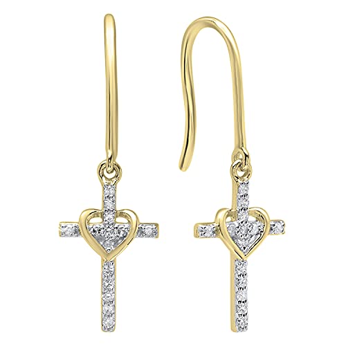 Dazzlingrock Collection 0.15 Cttw 14K Solid Gold Round White Diamond Womens Cross & Heart Drop Earrings