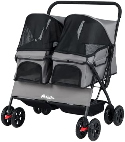 GYMAX Cochecito Doble para Perros Plegable, Cochecito Ligero para 2 Mascotas con Almacenaje y Protección Solar Ajustable, Coche para Gatos con Cinturón de Seguridad (Gris)