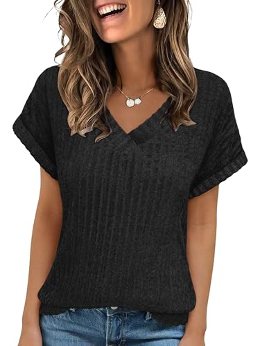 ANRABESS Women Tops Summer Sweaters Short Sleeve V Neck Shirts 2025 Spring Fashion Dressy Casual Business Tunic Blouses
