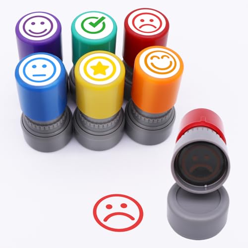 Image of 6pcs Rubber Plastic Round Self-inking Stamps, Vibrant Smiley Stamps, Best Homework Stamps, Encouraging Classroom Comments