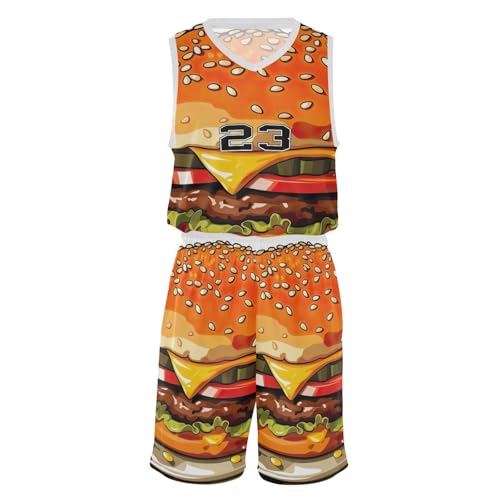 FLildon Big Hamburger Print Boys Basketball Jersey Set Tank Top Shorts Tracksuit Sport Training Suit for Kids, XXL