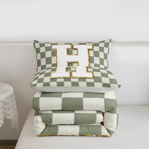 Image of Erosebridal Sage Green Checkered Bedding Set Full Plaid Initial H Comforter Set for Kids Adults Personalized Monogram Down Comforter,Fashion Grids Gingham Quilt Duvet
