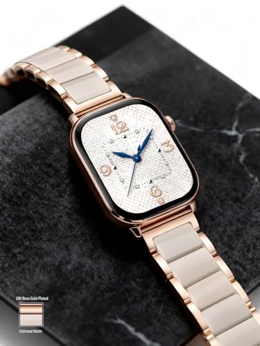 Image of V.R.HOPE Apple Watch Band for Women 42mm 44mm 45mm 46mm 49mm Fashion Rose Gold Stainless Steel Metal Strap with Resin Inlay, Fashion Bracelet Compatible with iWatch Series Ultra3 /11 /10 /9 /8 /7 /6 /SE (Oatmeale+Rose Gold)