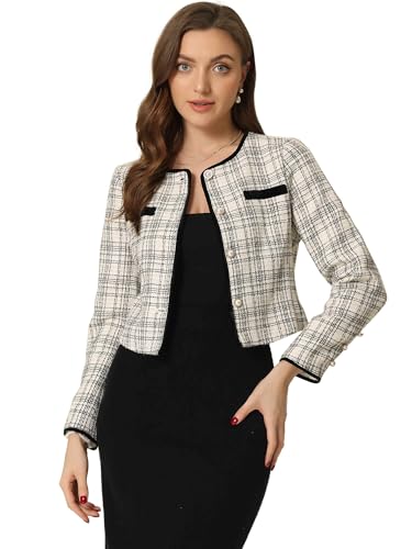 Allegra K Tweed Jacket for Women's Long Sleeve Casual Work Office Plaid Short Outwear