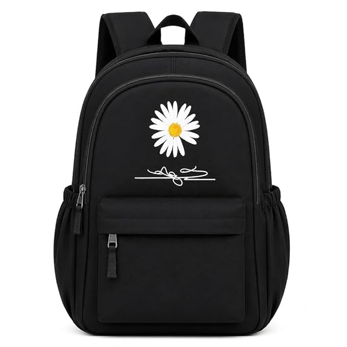 Daisy Flower Printed Backpack for Girls & Women | Water Resistant School College Bag | Lightweight Casual Travel Backpack with Multiple Compartments | Black-image-23