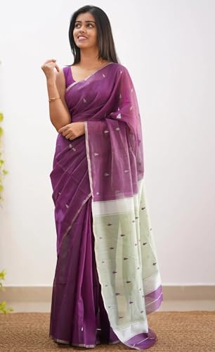 Image of Women's Cotton Woven Soft Sarees With Attach Blouse Piece.