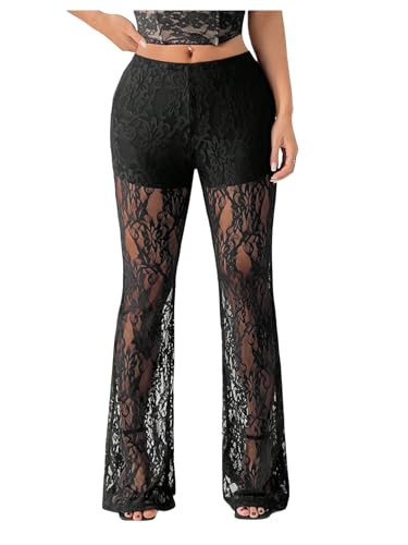 SOLY HUX Women's Lace Sheer Flare Leg Pants Elastic Waist Bell Bottom Long Trousers