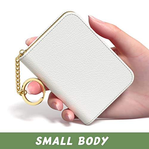 Image of Aiawoxc Credit Card Holder for Women, Small RFID Wallet Slim Leather Business Card Organizer Case with Zipper and Keychain, White