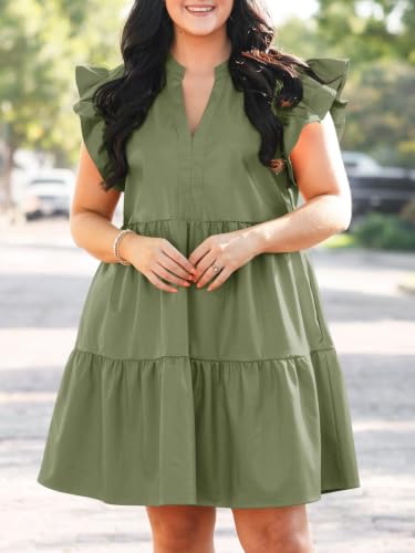 Image of Fisoew Plus Size Dresses for Women Summer Ruffle Short Sleeve V Neck Dress
