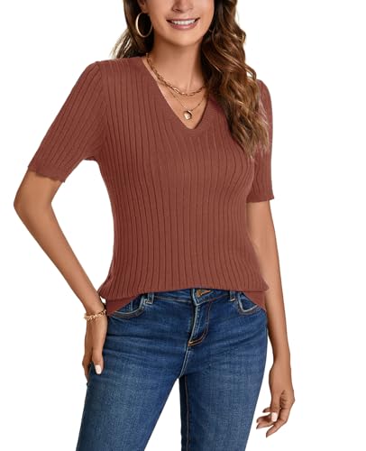 Image of Women Summer Knit Shirt Blouse V Neck Short Sleeve Pullover Sweater Tops