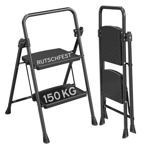 kör4u Trittleiter 2 Stufen – bis 150 kg belastbar, klappbar & platzsparend, stabile Haushaltsleiter, rutschfeste Stufen, Stahlrahmen, schwarz