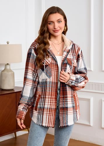 WINDFIT Damen Fleece-Flanelljacke mit durchgehendem Reißverschluss, kariert, Sherpa-Futter, Jacke für Damen, Frisches Orange, Medium