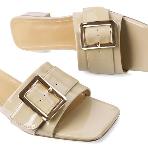 Image of Women's Slide Heeled Sandals Opened Square Toe Chunky Block Heel Slippers with Buckle Slip on Casual Comfortable Pumps