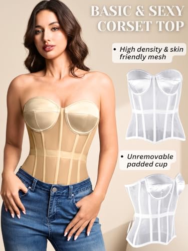 Image of Kaei&Shi Sheer Mesh Overbust Corset,Sexy Strapless Lace Up Satin Bra Corsets Top For Women Shapewear