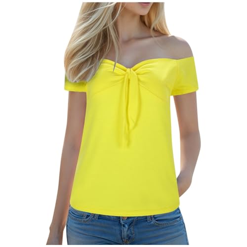 Camisetas Manga Corta Mujer Tops Sexy Hombros Descubiertos Camiseta Blusa Moda Encaje Base Túnica Blusa Elegante y Elegante Corte Sueltos Color Sólido Verano Tops, amarillo, L