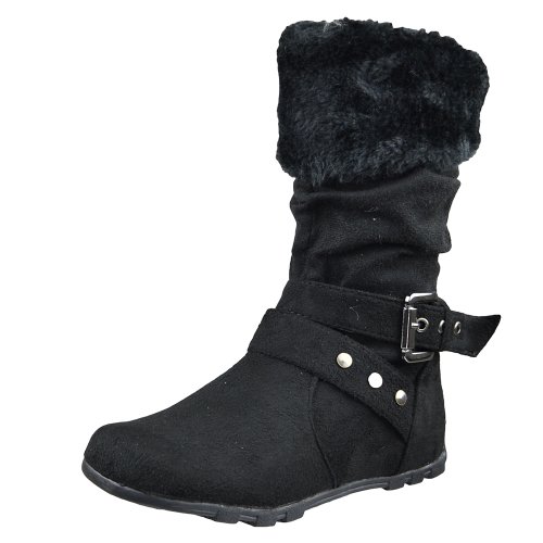 Kids Mid Calf Boots Fur Cuff and Studded Strap Casual Comfort Shoes Black