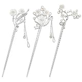 3-teiliges Haarnadel aus Silberlegierung mit Kunstperlen-Dekoration, Vintage chinesischer Stil Strass Haarnadeln für Frauen, Hochzeiten, Partys und täglichen Gebrauch, 15 cm Länge