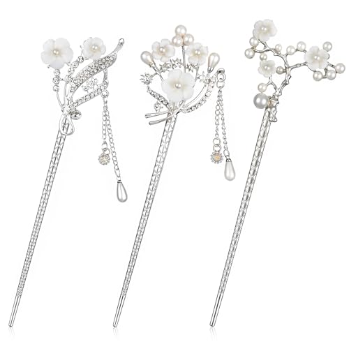 3-teiliges Haarnadel aus Silberlegierung mit Kunstperlen-Dekoration, Vintage chinesischer Stil Strass Haarnadeln für Frauen, Hochzeiten, Partys und täglichen Gebrauch, 15 cm Länge