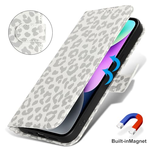 Image of for iPhone 14 Case Wallet with Card Holder,for iPhone 13 Wallet Case for Women Men,PU Leather Shockproof Magnetic Buckle Stand Flip Phone Case-White Leopard