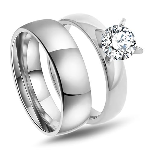 Sabrina Solitaire Wedding Ring Set for Women by Ginger Lyne | Gold Stainless Steel 1 Ct Cubic Zirconia Bridal Engagement Ring Matching Wide Wedding Band Black