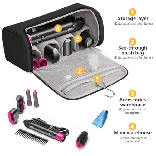 Image of MAYCREATE PU Leather Travel Case and Organizer Bag Combo for Dyson Airwrap Styler and Attachments, Waterproof, Shockproof, Dustproof Storage, Portable with Hanging Hook, Black, Gift Set