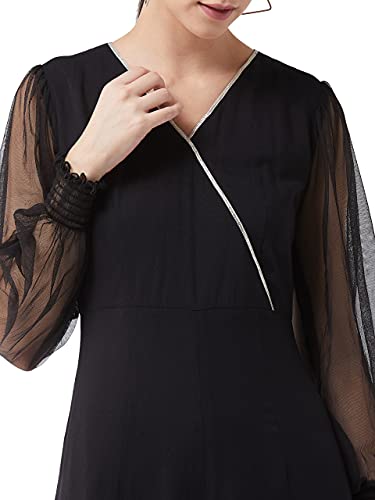 Image of Miss Chase Women's Black Solid Relaxed Fit Long Sleeve V-Neck Ankle-Length Straight Jumpsuit