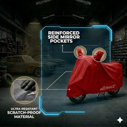 Image of Mototrance All Weather Protection Two Wheeler Cover for All Bikes /Royal Enfiled /Upto Pulsar 160CC to 350CC | Anti Dust, Water Resistant, Heat Resistant, UV Proof with Mirror Pocket | Solid Red