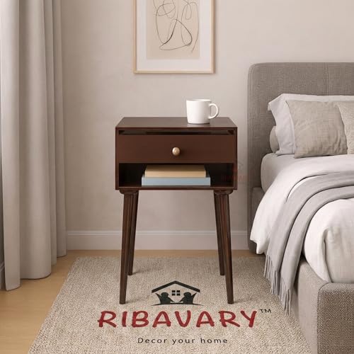 Image of Modern Bedside Table Nightstand with Solid Wood Legs, Practical End Side Table with Drawer Storage for Small Spaces Wooden Bedside Table, Coffee Table, Living Room /Bedroom (Brown)