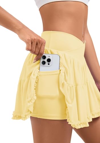 Flowy Tennis Skirt Athletic Skort with Shorts and Pockets Crossover Waist Mini Ruffle Skirts3