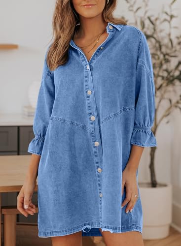Image of Sidefeel Womens Smocked 3 4 Sleeve Button Down Denim Jeans Dresses