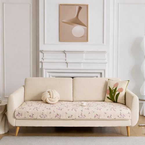 Image of HOMETHREADS Anti-Skid Sofa Protector Mat: Premium Printed Cotton Slipcover with Strong PVC Non-Slip Backing, (Beige Purple, 2 Seater Small | 120x75cm)