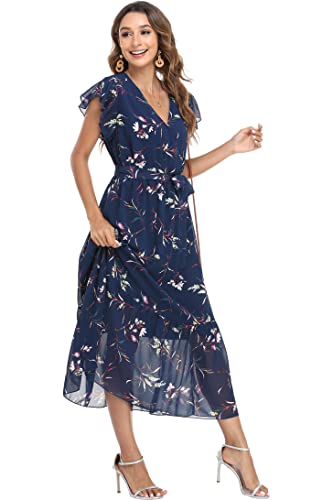 VintageClothing Womens Sundress Casual Floral Summer Boho Dress Flowy Wrap V Neck Ruffle A-Line Pleated Hem Midi Dresses4