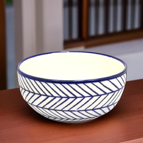 Image of KITTENS Ceramic Bowls 350ml - Set of 2 - Blue Arrow Pattern | Handcrafted Serving Bowls | Microwave & Dishwasher Safe | Ideal for Soup, Pasta, Cereal, Maggi, Dessert & Breakfast