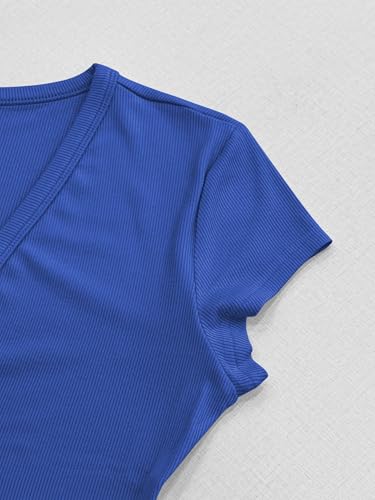 Image of Albe Rita Women Short Sleeve T-Shirt Cap V Neck Shirts for Women Ribbed Casual Top Knit Slim Fit for Summer
