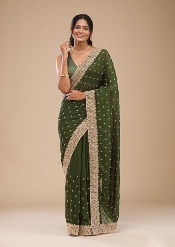 Image of Yashika Women Vichitra Silk Saree with Embroidered Border| Sarees Bollywood Sari | New Sarees | Saree Blouse| Designer Saree (AZ-YS-OG-LADYQUEEN-Parent)