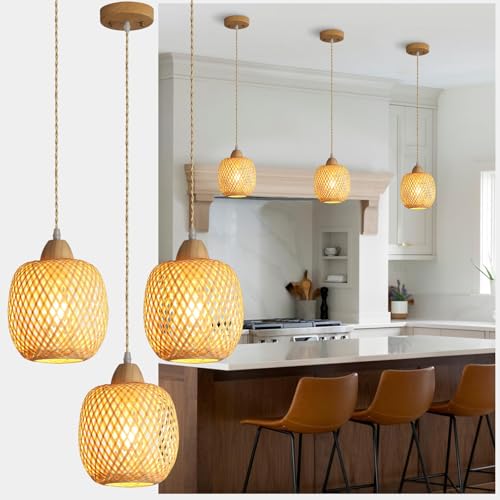 XIYOUVE Bamboo Pendant Light Fixture, 3-Light Handmade Woven Pendant Lighting, with Adjustable...