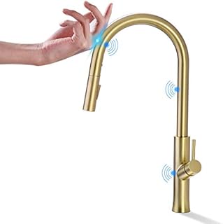 Brushed Gold Touch On Kitchen Faucet with Pull Down Sprayer, Single Handle Brass Sink Faucets with 2 Function Pull Out Sprayer Head, Touch Activated, Matte Brushed, TRUSTMI
