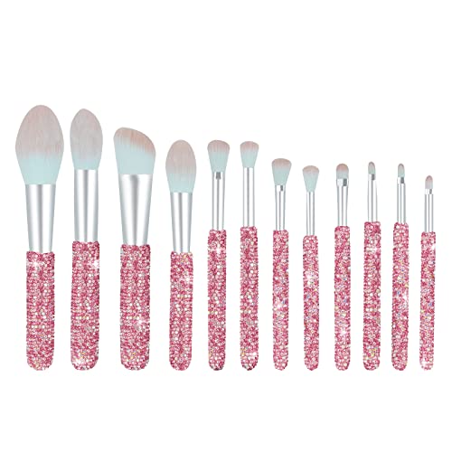 Makeup Brushes Bling Crystal Professional Face Cosmetics Blending Liquid Foundation Powder Concealer Eye Shadows Make Up Beauty Tool Glitter(12Pcs) (Purely Handmade)(Pink) #TOP9