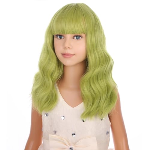Image of PATTNIUM Olive Green Wig for Kids Child Short Curly Wavy Green Wig Matcha Green Wigs Girls Shoulder Length Synthetic Wigs