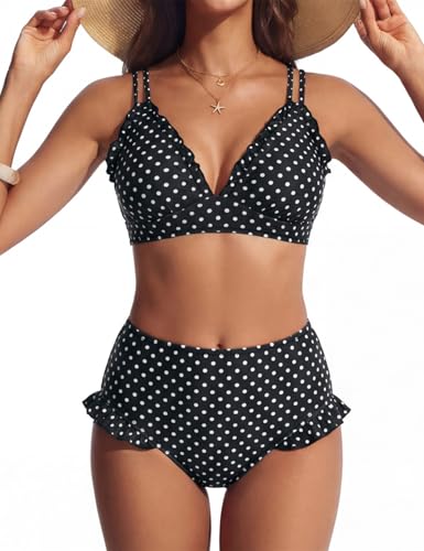 Hanna Nikole Women High Waisted Bikini Sets Ruffle 2 Piece Bathing Suit Retro Swimsuits Beachwear Black M
